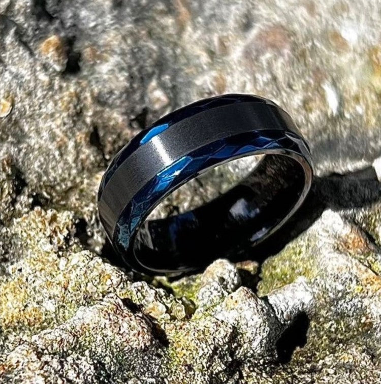 Black zirconium and blue beveled edge 8mm zirconium ring by T.M.J, featuring a sleek design and polished finish.