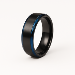 Black zirconium ring with blue beveled edge, 8mm width, from T.M.J Zirconium Rings collection, showcasing a sleek and modern design.