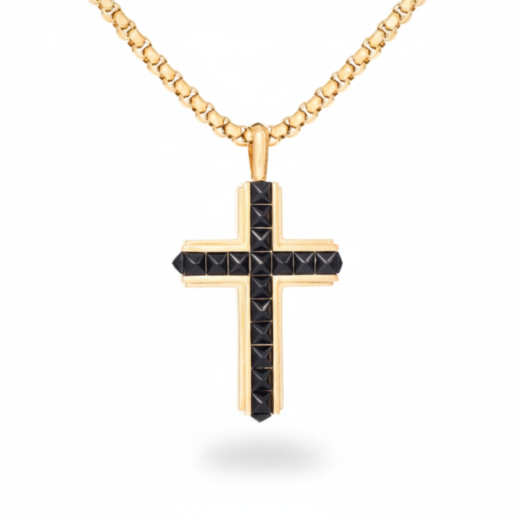 Men’s Stainless Steel Gold-Plated Satin Finish Cubic Zirconia Cross with Chain