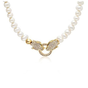 Cultured Freshwater Pearls Necklace with Double Panther Head 