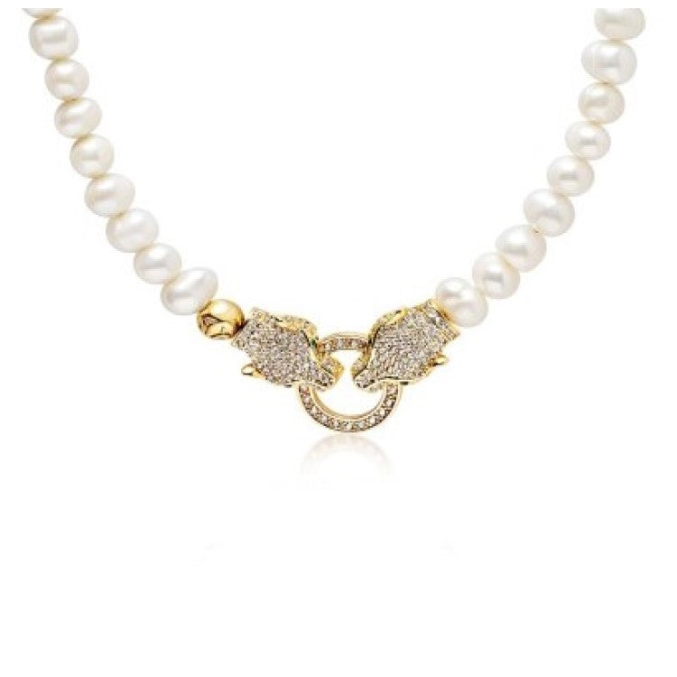 Cultured Freshwater Pearls Necklace with Double Panther Head 
