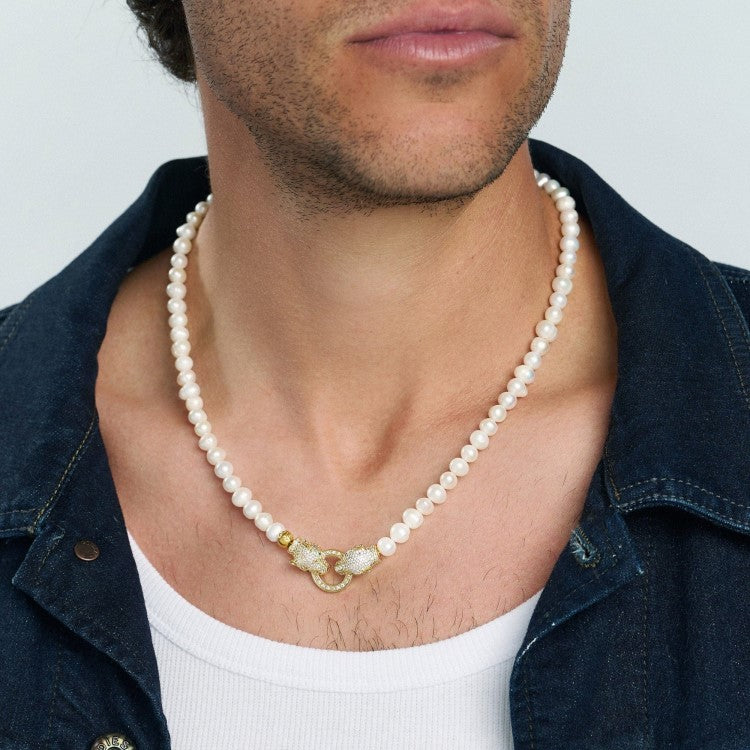 Cultured Freshwater Pearls Necklace with Double Panther Head 