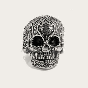 Stainless Steel Men's Gothic Flower Skull Ring with Black IP Plating and matte finish.