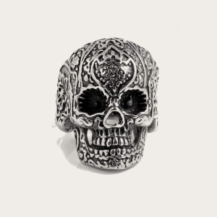 Stainless Steel Men's Gothic Flower Skull Ring with Black IP Plating and matte finish.