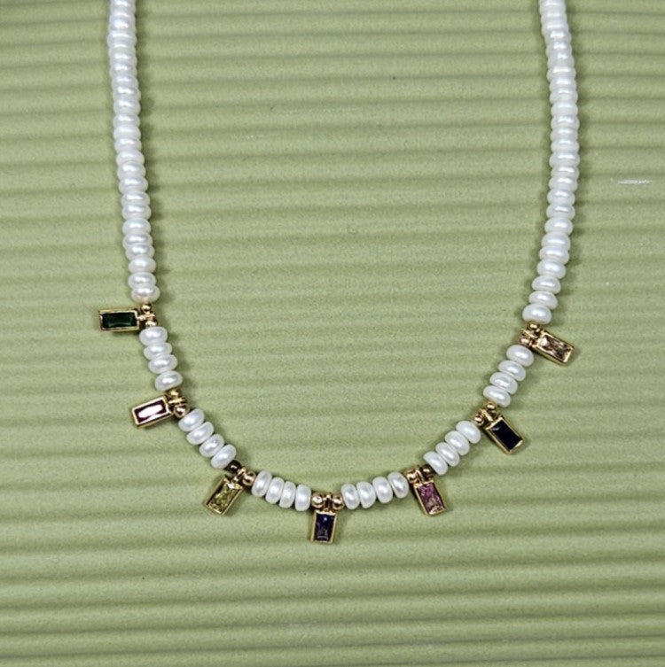 Small Baroque Freshwater Pearl Necklace with Crystal Baquette Coloured Stones