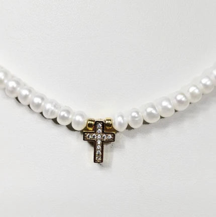 Button Side-Drilled Freshwater Pearls &amp; Pave Gold Cross