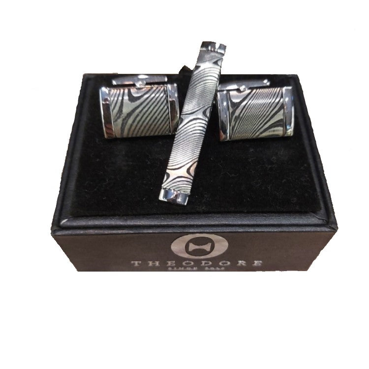 Luxury Damascus Steel Cufflinks and Tie Bar Gift Set