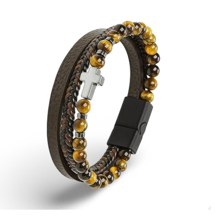 Multi Leather Bracelet Stone Beads Stones and Hematite Cross