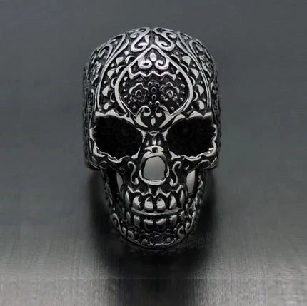 Stainless Steel Men's Gothic Skull Ring with Matte Finish and Black IP Plating