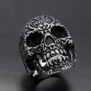 Stainless Steel Men's Gothic Flower Skull Ring with matte finish and Black IP Plating.