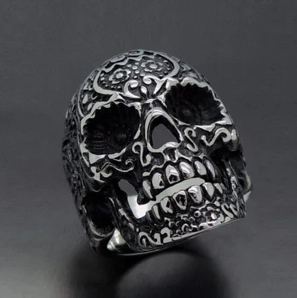 Stainless Steel Men's Gothic Flower Skull Ring with matte finish and Black IP Plating.