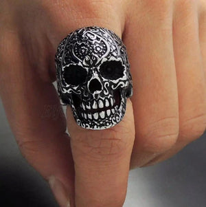 Stainless Steel Men's Skull Ring with Gothic Flower Design on Finger