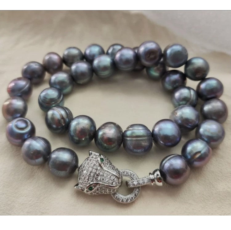 Baroque AAAA+ 11-12mm Natural Haiti Black Blue Pearl Necklace with Panther Clasp