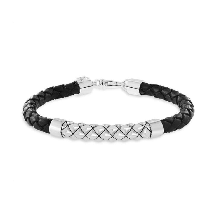 Theseus Mens Sterling Silver Black Leather Bracelet