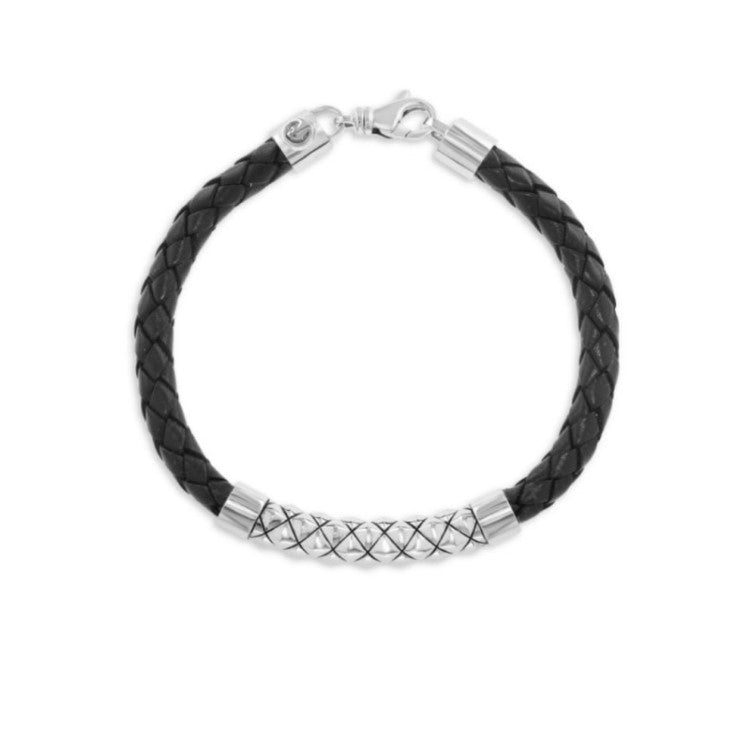Theseus Mens Sterling Silver Black Leather Bracelet