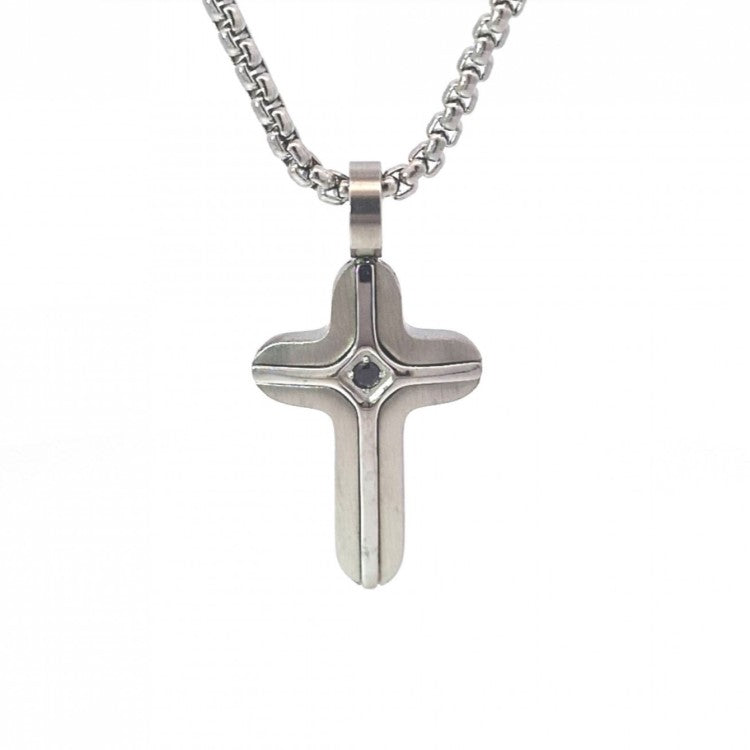 Stainless Steel Small Cross Pendant with black stone Inlay