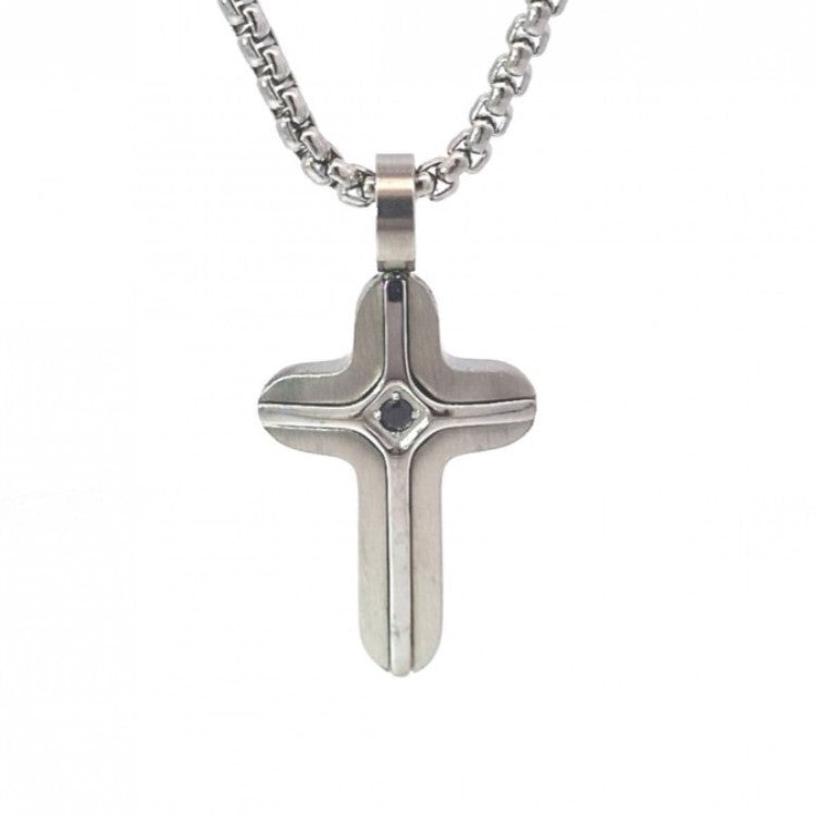 Solari Stainless Steel Small Cross Pendant with Satin Inlay