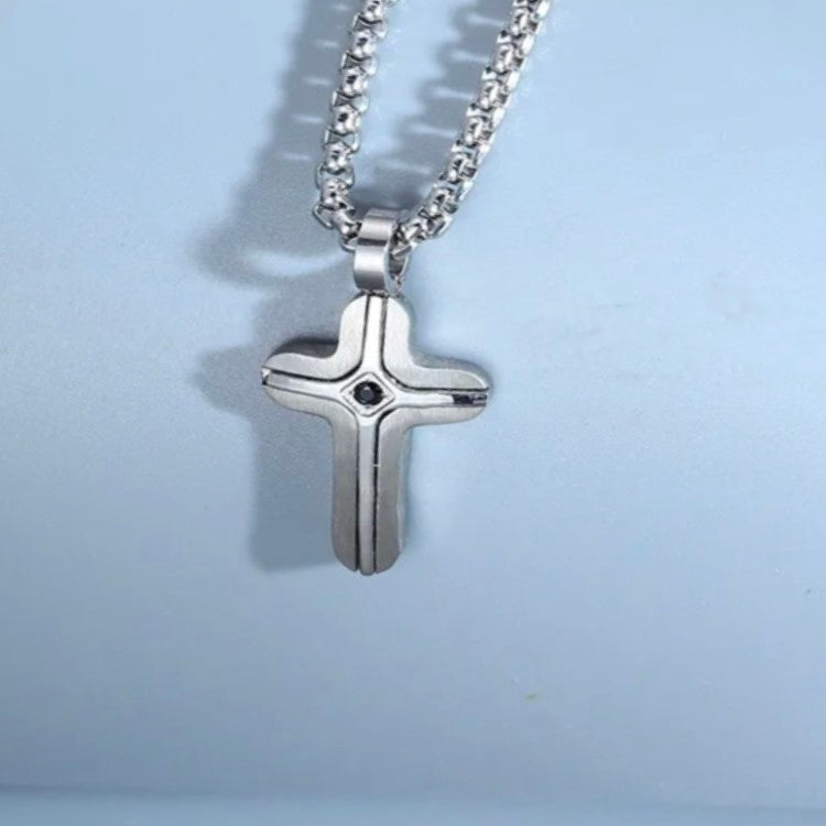 Stainless Steel Small Cross Pendant with black stone Inlay