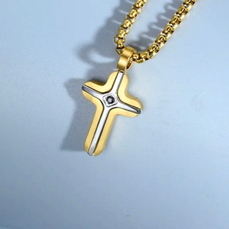 Gold and Stainless Steel Small Cross Pendant with black stone Inlay