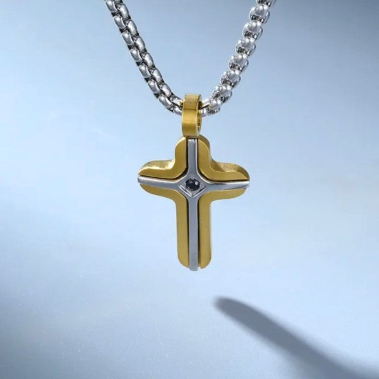Gold and Stainless Steel Small Cross Pendant with black stone Inlay
