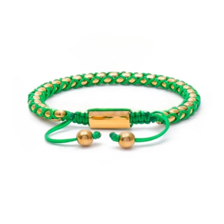 Crimson Weave SteelLink Bracelet with Braided Emerald Green Cord