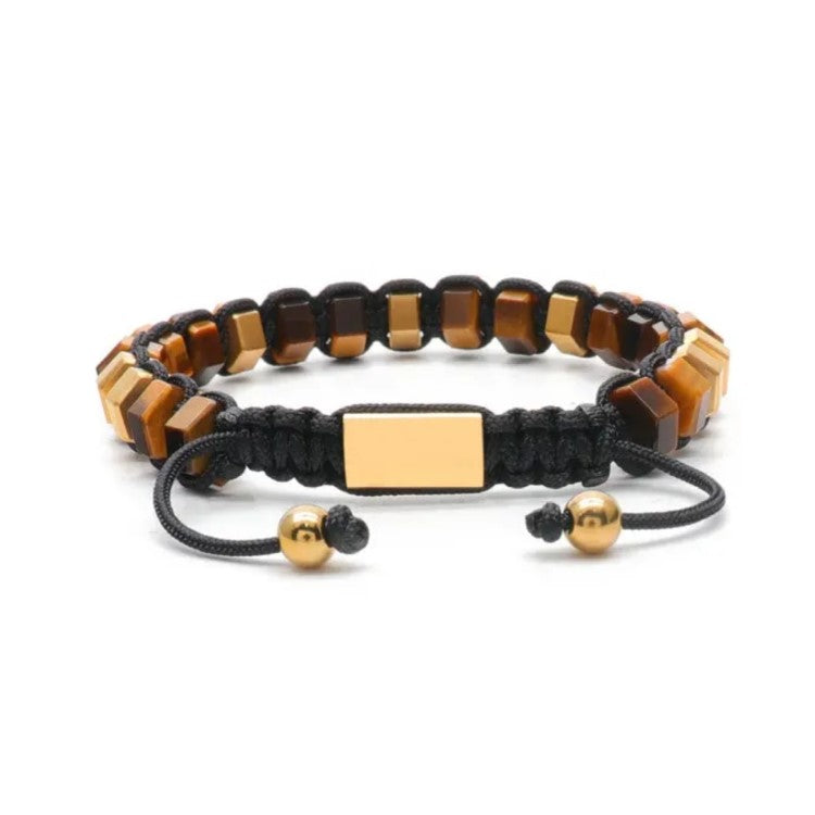 HexaLuxe Men’s Bracelet – Tiger Eye & Gold-Tone Hexagon Beads
