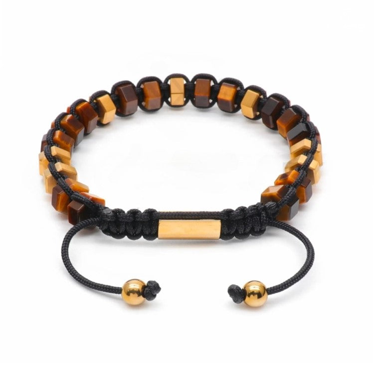 HexaLuxe Men’s Bracelet – Tiger Eye & Gold-Tone Hexagon Beads