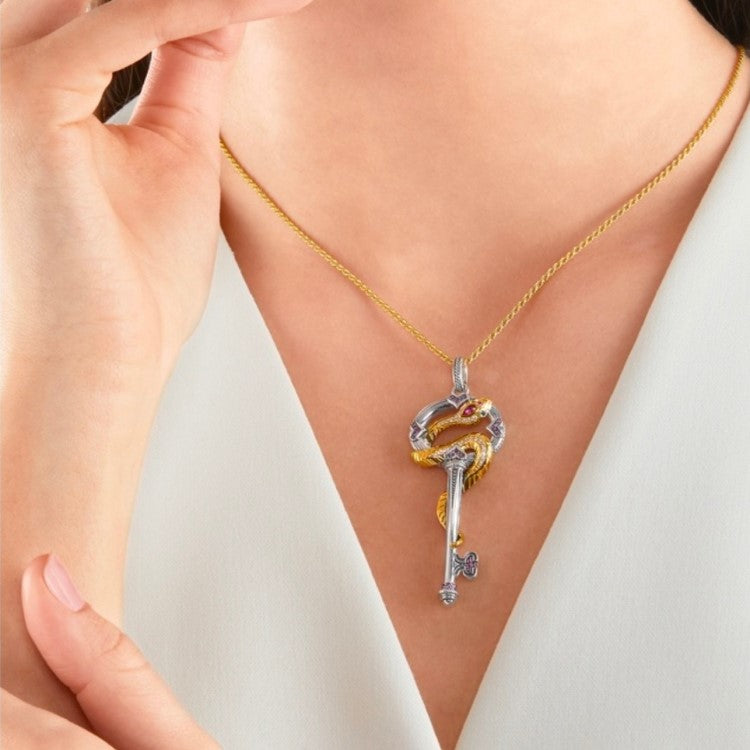Silver and Gold Plated Snake with Key and Crystals Pendant