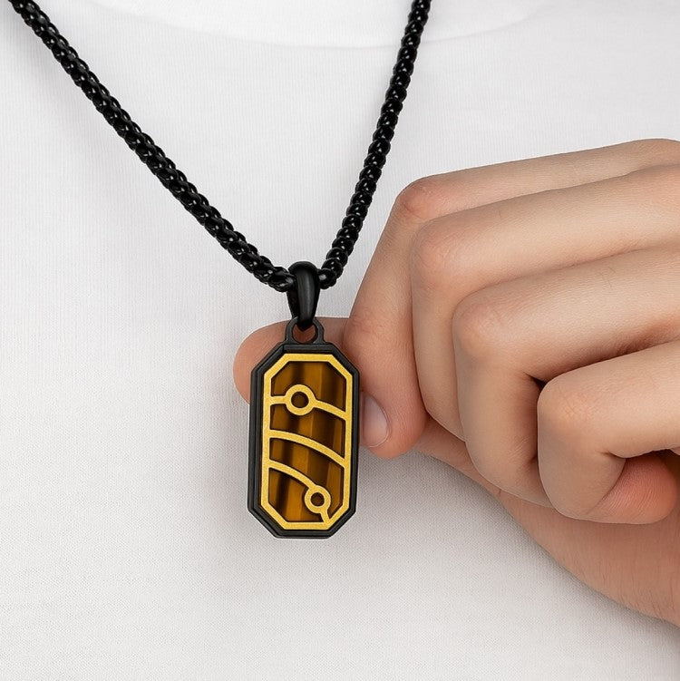 Quantum Trace Yellow Tiger Eye Pendant Necklace – Black PVD Plated Stainless Steel Chain