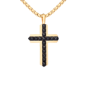 Men's stainless steel gold-plated satin finish cubic zirconia cross pendant with chain, stylish religious jewelry by TMJ.
