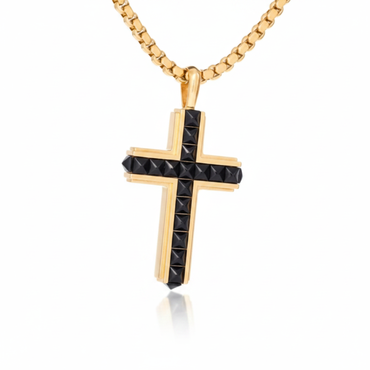 Men’s stainless steel gold-plated satin finish cubic zirconia cross with chain, featuring detailed design and elegant shine.