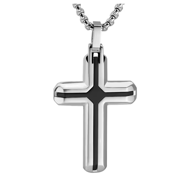 Stainless steel small cross pendant with black inlay, featuring a religious cross design by TMJ.