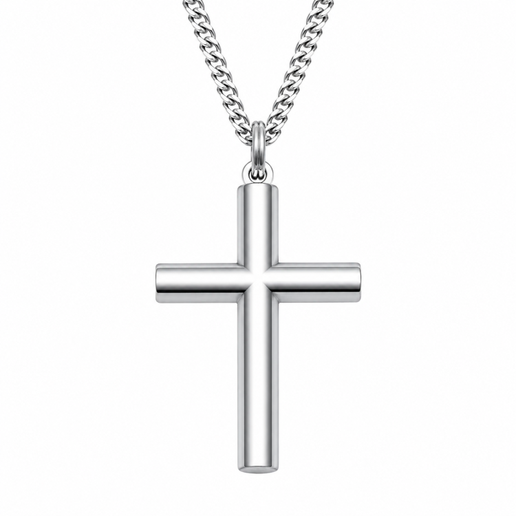 Titus Stainless Steel Plain Round Tubular Cross Pendant from TMJ, featuring a sleek round cross design in polished stainless steel.