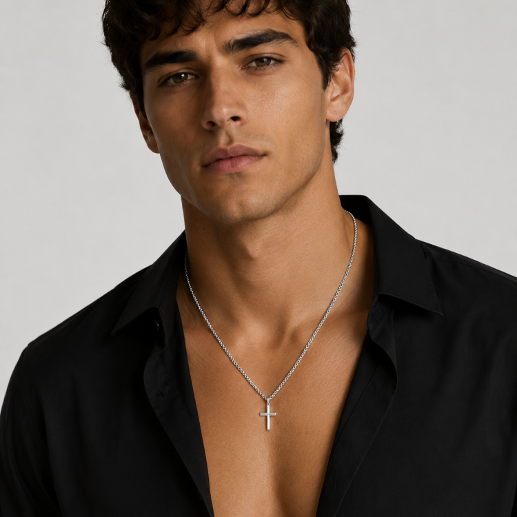 Titus stainless steel plain round tubular cross pendant with a smooth finish, designed for men's jewelry or religious necklaces.