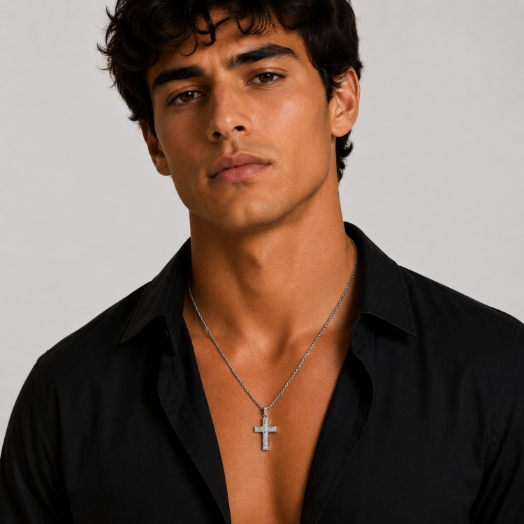 Torren stainless steel cross pendant with twisted cable inlay, showcasing a detailed religious jewelry design.
