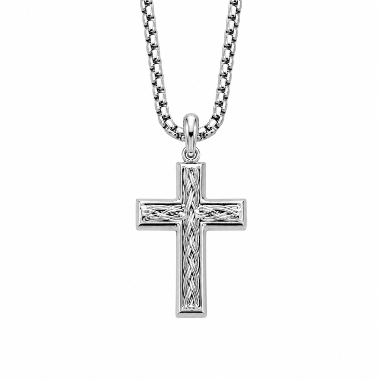 Stainless steel Torren cross pendant with twisted cable inlay, featuring detailed craftsmanship and a polished finish.