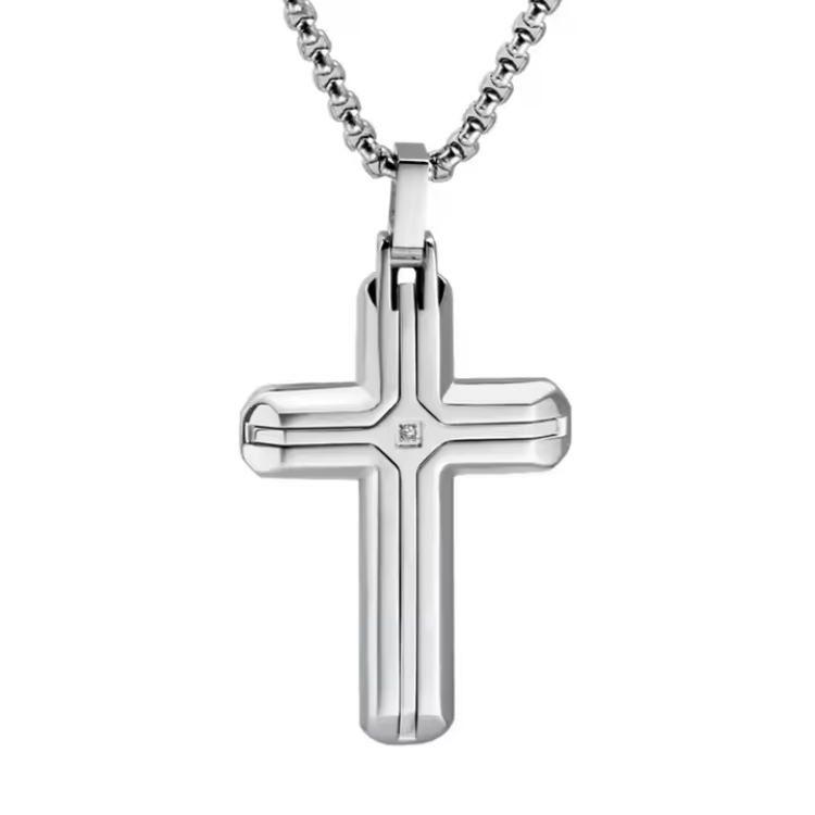 Vireo stainless steel small cross pendant with CZ inlay, TMJ crosses jewelry, detailed silver cross necklace accessory