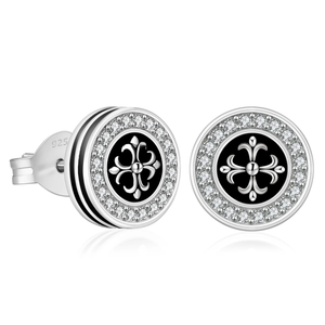 Sterling silver stud earrings featuring black onyx and cross fleur de lis design by TMJ
