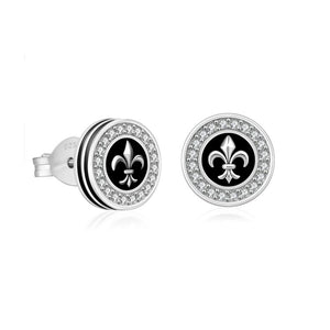Men’s 9mm black onyx stud earrings by TMJ with 5A CZ halo and silver fleur-de-lis design, showcased in a close-up image.