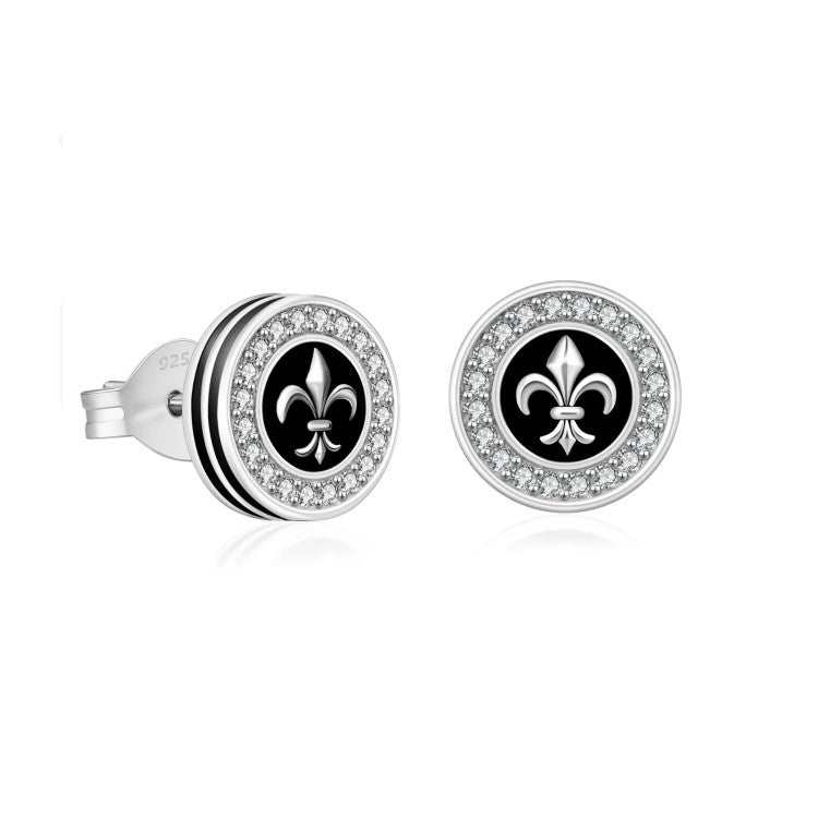 Men’s 9mm black onyx stud earrings by TMJ with 5A CZ halo and silver fleur-de-lis design, showcased in a close-up image.