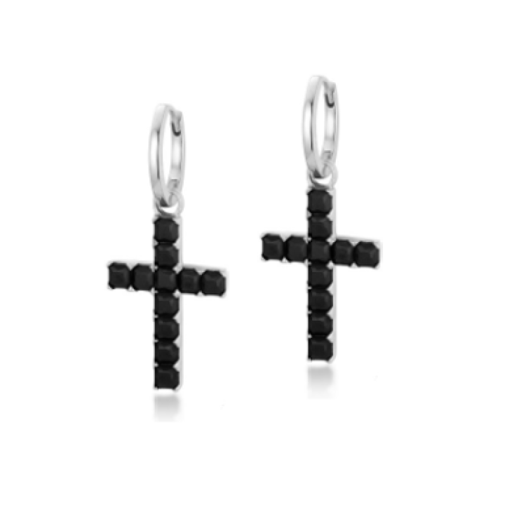 Sterling silver TMJ earrings with black cubic zirconia cross and loop design, showcasing elegant jewelry craftsmanship.