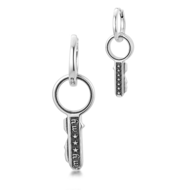 Sterling Silver 925 key and loop earring by TMJ, close-up of the single earring showing detailed key and loop design.
