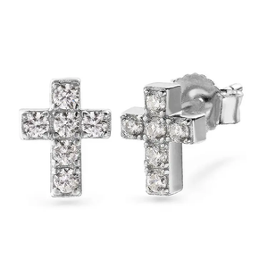 White gold plated sterling silver cross stud earrings with 5A cubic zirconia from TMJ, featuring sparkling CZ stones.