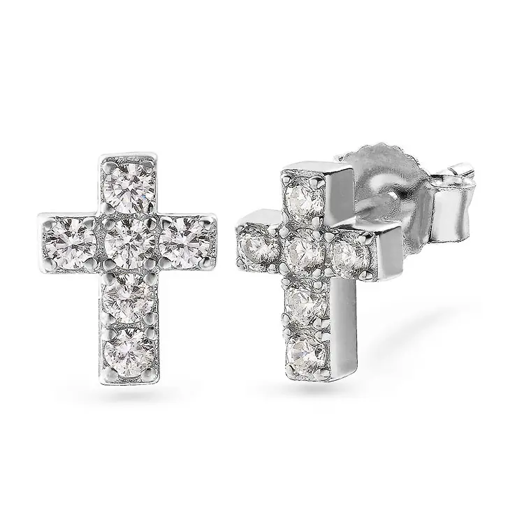 White gold plated sterling silver cross stud earrings with 5A cubic zirconia from TMJ, featuring sparkling CZ stones.