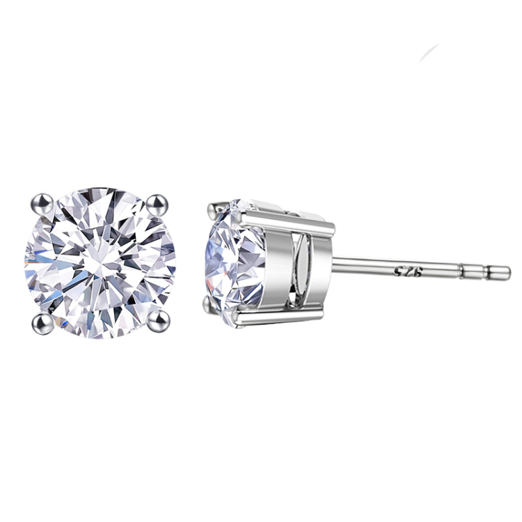 Sterling silver cubic zirconia stud earrings for women and men, hypoallergenic round cut, available in 4mm to 8mm sizes.