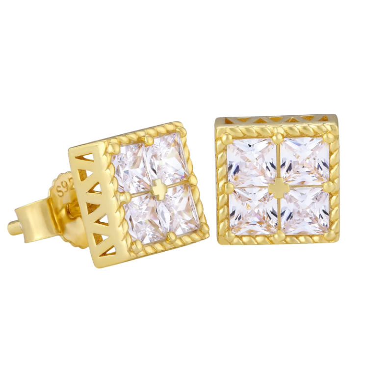 Men’s gold-plated sterling silver oversized stud earrings with bold, shiny design and secure post backs.
