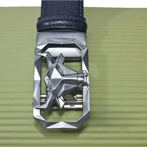 Men’s blue patterned leather belt by TMJ featuring a silver bull’s head buckle and classic leather strap.