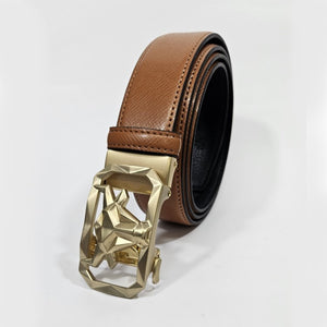 Men’s tan patterned leather belt by TMJ with gold bull’s head buckle, featuring a stylish leather strap and detailed design.