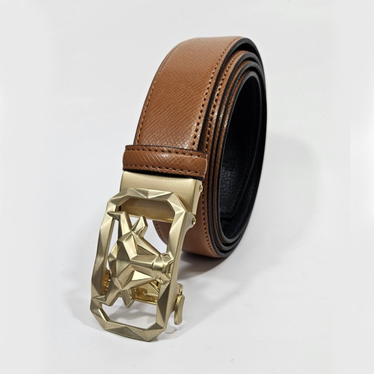 Men’s tan patterned leather belt by TMJ with gold bull’s head buckle, featuring a stylish leather strap and detailed design.
