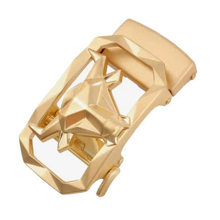 Men’s tan patterned leather belt by TMJ with a gold bull’s head buckle, showcasing detailed leather design and stylish hardware.